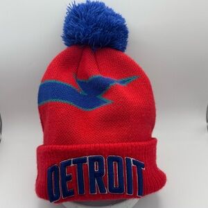 New Era NBA Detroit Pistons 75th Anniversary Knit Beanie Pom Hat Red Blue